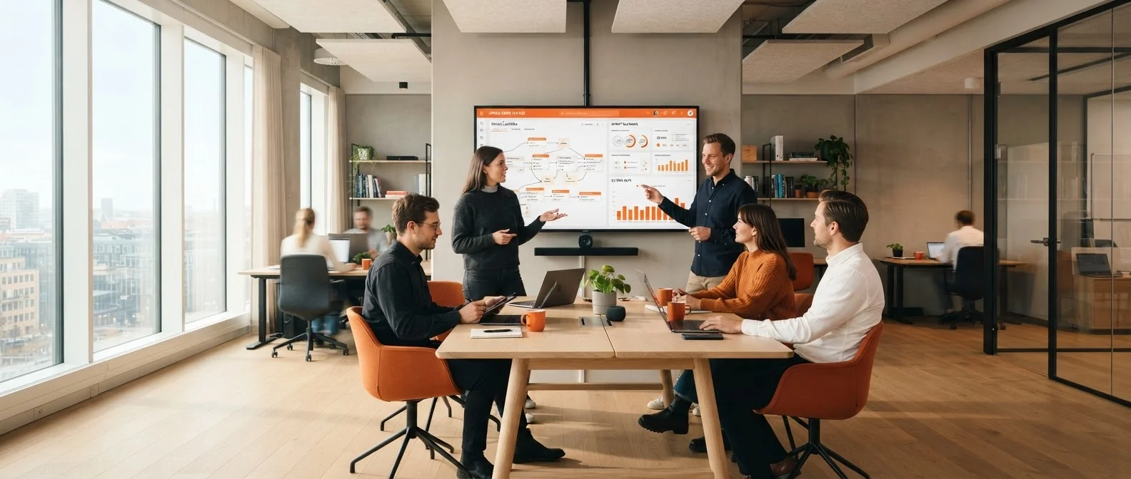 Irusri team reviewing an SEO performance dashboard together