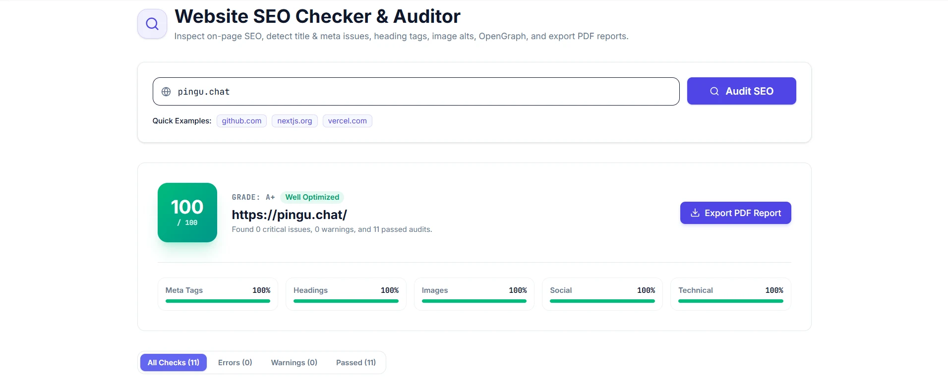 SEO audit report for pingu.chat showing a score of 100 out of 100